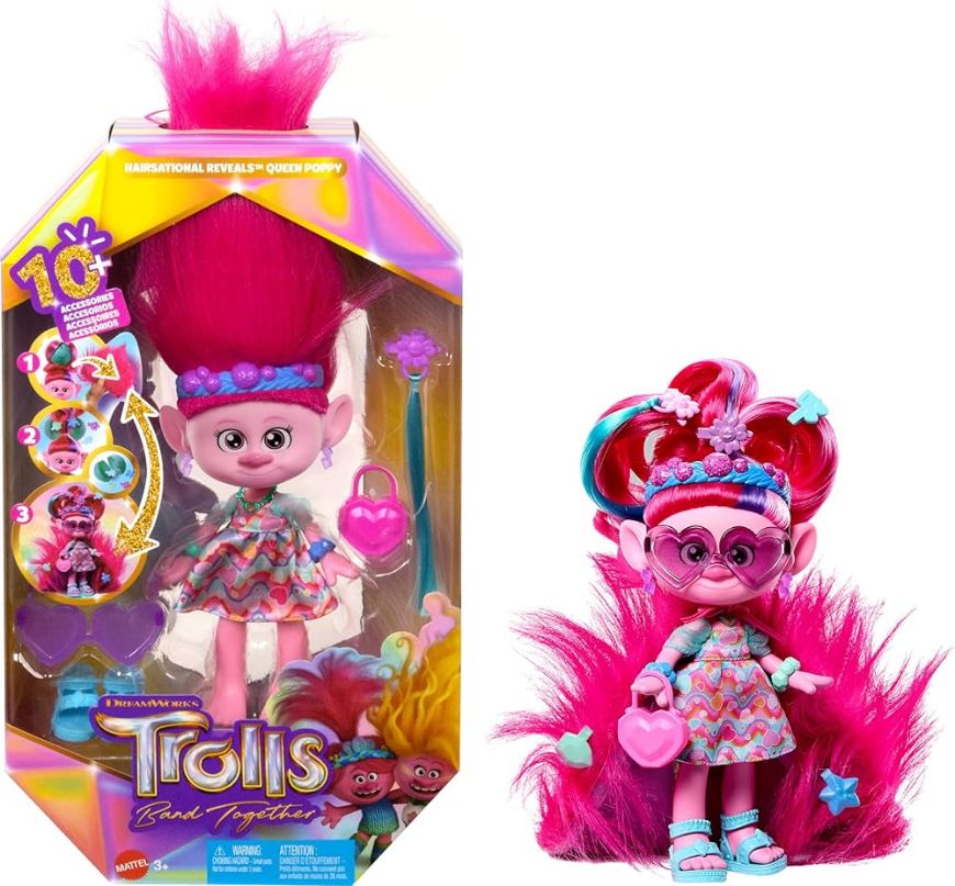Immagine di TROLLS Mattel Trolls 3 - Tutti Insieme - Regina Poppy Magiche Acconciature, bambola con capelli di peluche trasformabili, abiti e 15+ accessori, look ispirato al film,